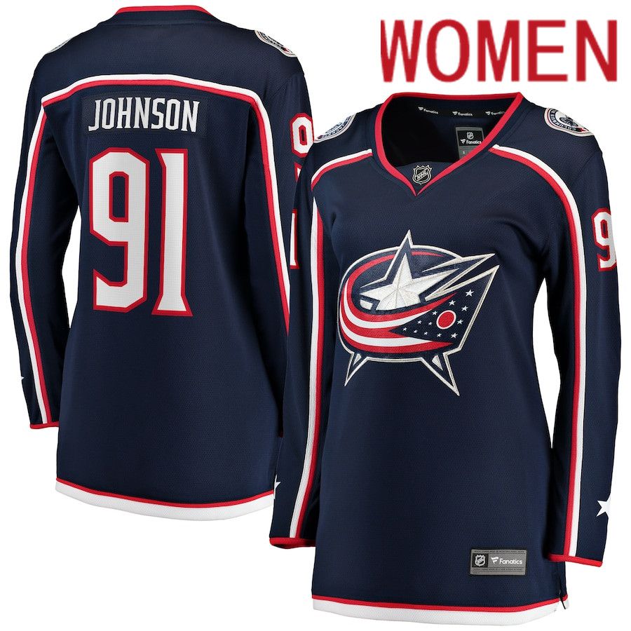 Women Columbus Blue Jackets #91 Kent Johnson Fanatics Branded Navy Home Breakaway Player NHL Jersey->->Women Jersey